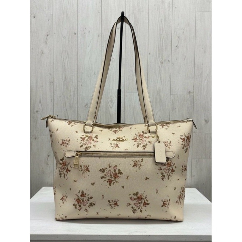 Coach Floral Print Large Tote Shoulder Bag Ivory Pink Gold Zip Top